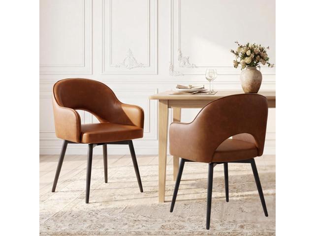 DUOMAY Swivel Dining Armchair Set of 2 PU Leather Upholstered Modern Dining Room Chairs with Metal Legs for Kitchen Living Room, Brown