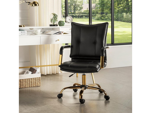 HULALA HOME Faux Leather Home Office Desk Chair with Golden Legs, Black Adjustable Leather Swivel Computer Chair, with Excellent Lumbar Support,...
