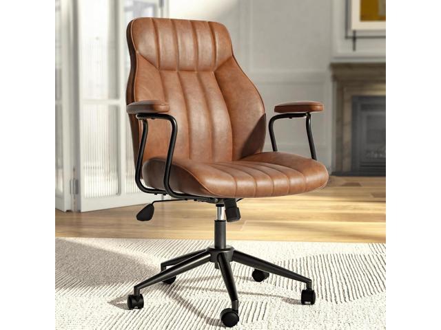Brown Leather Office Chair, Mid Century Home Office Desk Chair Ergonomic Curve Design, Removable Padded Arms, Height Adjustable Swivel Seat &...