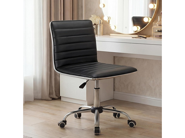 Furmax Vanity Office Desk Chair with Wheels, Armless Small Cute Leather Makeup Computer Task Chair Adjustable Height 360° Swivel (Black)