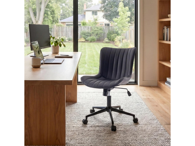 YOUNIKE Black Office Desk Chair with Wheels Armless Vanity Chair Modern Faux Leather Upholstered with Rocking Back, Swivel Height Adjustable...