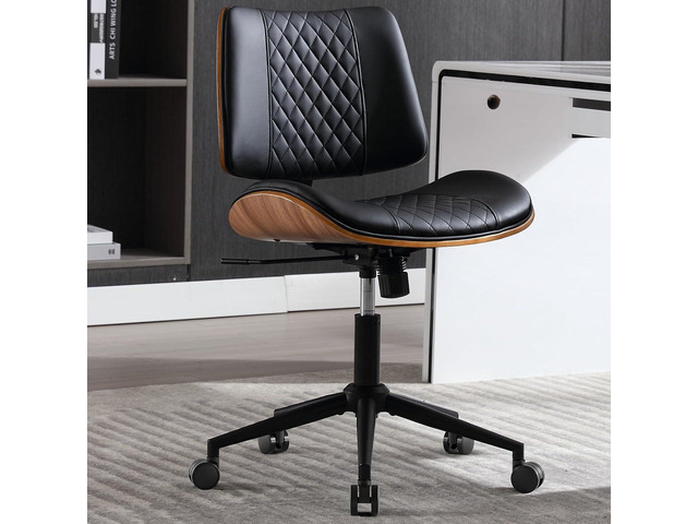 Home Office Chair No Arms with Wheels, Mid Back Walnut Style, Black Adjustable Height Small Desk Chair, PU Leather Mid Back 360 Swivel Computer...