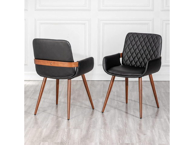 LUNLING Mid Century Modern Faux Leather Dining Chairs Set of 2, Black, Upholstered Seat, Metal Legs, Adjustable Foot for Kitchen Dining Room Desk...