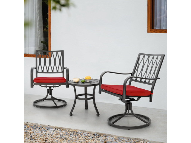 NUU GARDEN 3 Piece Outdoor Bistro Set, Iron Swivel Chairs with Red Cushions and 20' Round Bistro Table, Powder-Coated Iron Frame for Patio, Deck,...