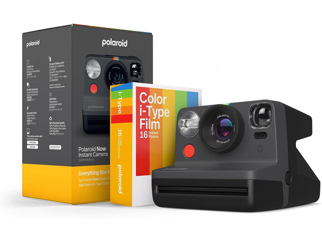 Polaroid Now 2nd Generation I-Type Instant Camera + Film Bundle - Now Black Camera + 16 Color Photos (6248)- Black 16 Color Photos (6248)