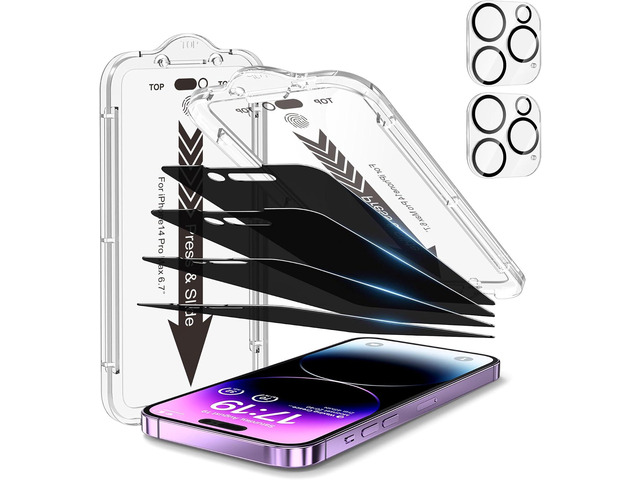 EZ-GLAZ-4+2 Pack for iPhone 14 Pro Max Privacy Screen Protector (6.7') 2-Pack Lens Protectors, Alignment Kit, Easy Installation, 9H+ Tempered...