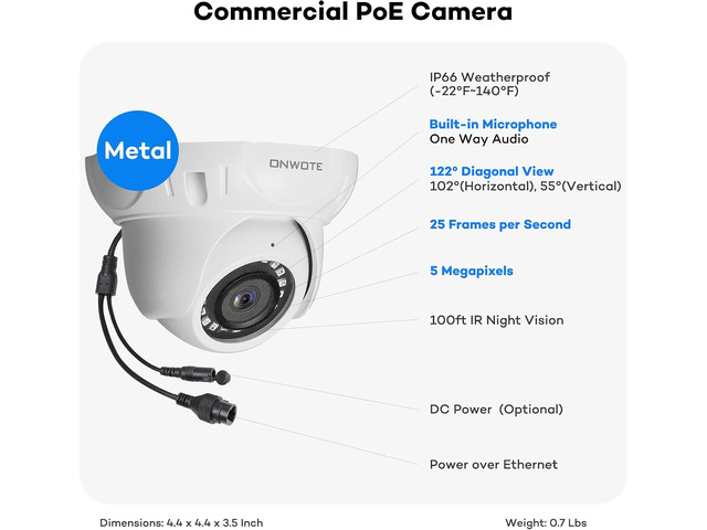 ONWOTE 5MP 122Â° PoE IP Security Camera, Capture Video Audio, Dome White IR Night, 5 Megapixels, Commercial Wired CCTV Camera, Home/Business,...