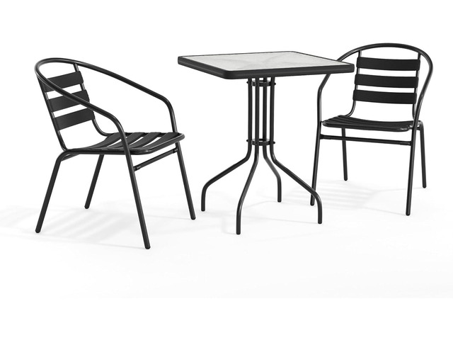 Flash Furniture Lila 23.5'' Square Glass Metal Table with 2 Black Metal Aluminum Slat Stack Chairs Durable Construction, Commercial Use