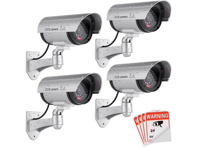 FITNATE 4-Pack Dummy Security Camera, LED Flashing Light, Outdoor Indoor Realistic Dummy with Flashing LED, 4 Warning Stickers, Battery Operated,...