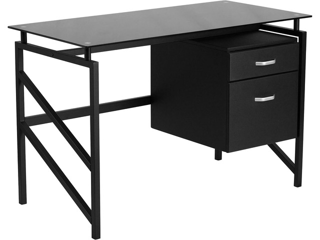 Flash Furniture Singleton Glass Desk with Two Drawer Pedestal,Black Tempered Glass Surface, Hanging Box/File Pedestal