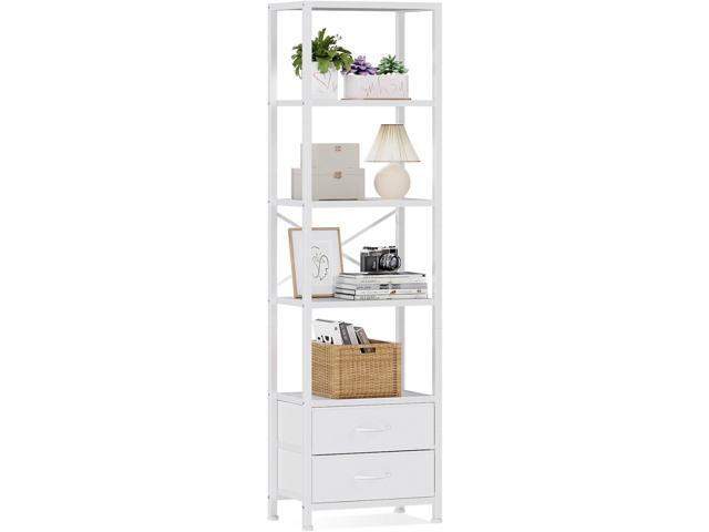 Furnulem 5-Tier Corner Shelf,Tall Narrow Bookshelf with Drawers,White