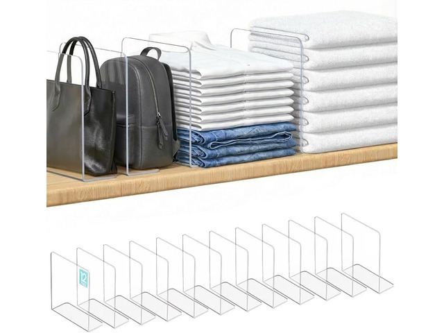 OKPOW Shelf Dividers for Closet Organization: 12 Pack Durable Clear Acrylic Divider Organizer for Shelves - Vertical Adjustable Shelving Separators...