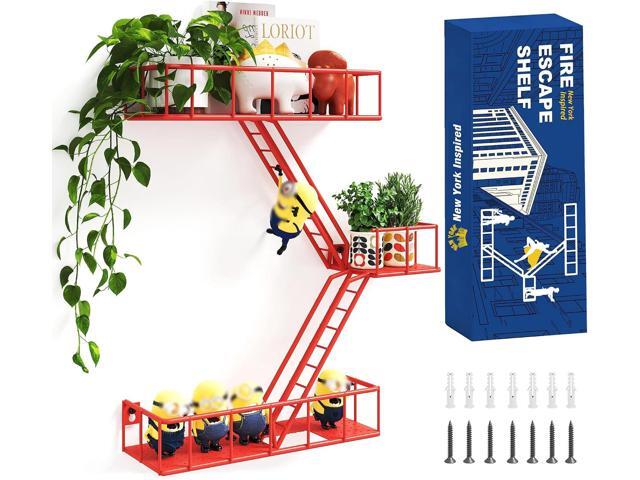 Fire Escape Shelf - 3 Tier Metal Red Fire Escape Wall Shelves with Baskets, New York Action Figurine Display Shelf, Unique Rustic Floating...
