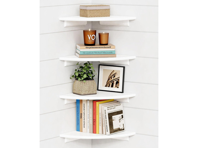 Forbena Corner White Floating Book Shelves for Wall Set of 4, Wood Nursery Corner Bookshelf for Kids Bedroom, Large Modern Round Wall Bookshelves...