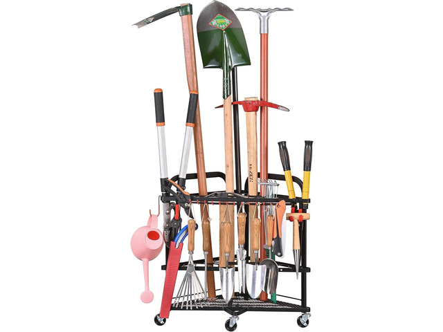 PLKOW Garden Tool Organizer with Wheels and Storage Hooks, Rolling Corner Tool Storage Rack for Garden, Shed, Garage, Powder Coated Steel, Black