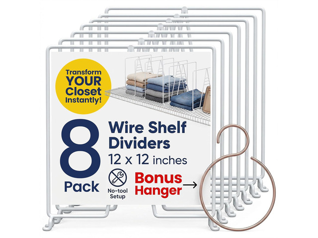 White Wire Shelf Dividers for Closet Organization 12-Pack - Sturdy and Easy Set-Up Closet Shelf Dividers with Bonus Rose Gold Hanger - 12 inches x...