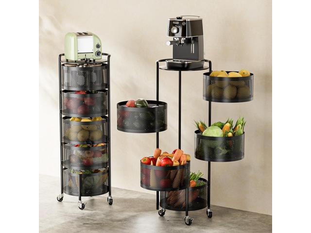 JAQ No Assembly Rotating Kitchen Storage Rack, 5-Tier Metal Basket Organizer with Wheels, Large Capacity Vertical Storage Cart for Fruit Vegetable...