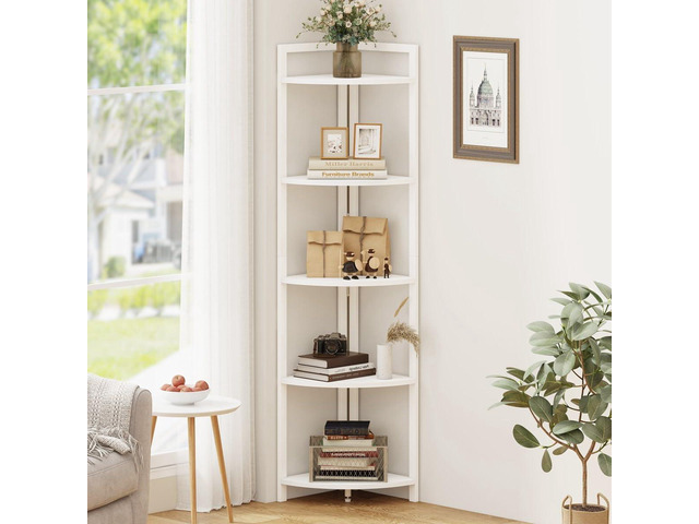 FATORRI Tall Corner Shelf, 5 Tier Modern Corner Bookshelf Stand, Wood and Metal Corner Plant Bookcase for Living Room, Home Office (White Oak)