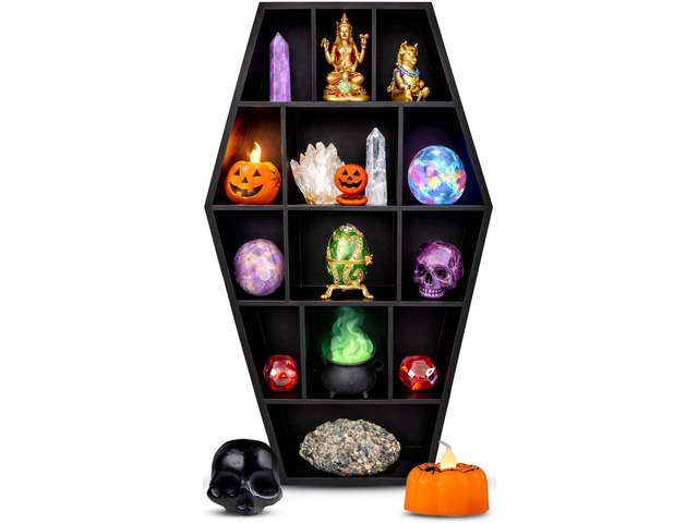 Curio Coffin Shelf - Wooden Goth Decor for Display or Storage of Shot Glasses, Mini Figures, Rocks, and More - 17 by 9.75 by 2.75 Inches