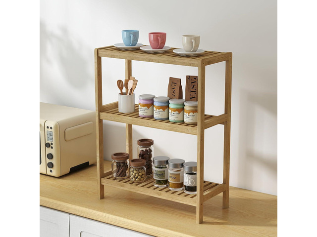 Kinsuite 3-Tier Bamboo Rack Multifunctional - Utility Storage Shelf Plant Flower Stand Storage Rack Bathroom Kitchen Living Room Holder, Natural