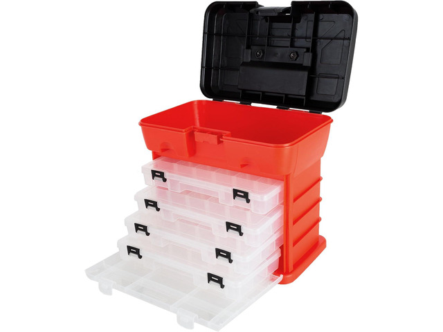 Small Parts Organizer Box - 11-Inch Portable Storage Case with 4 Removable Multi-Compartment Trays for Screws, Beads, Small Fishing Tackle,...