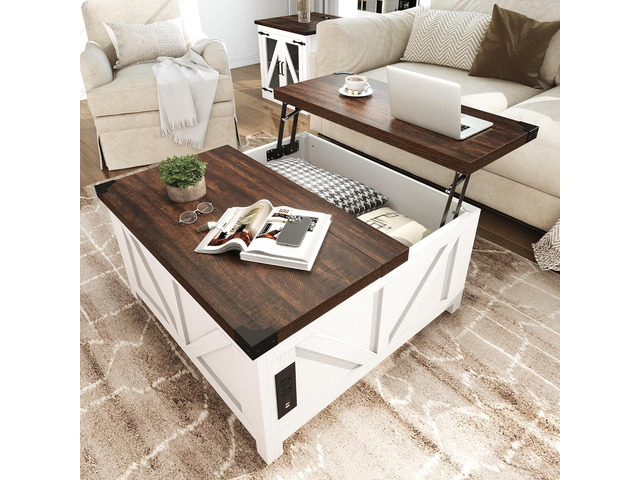 jimeimen Farmhouse Lift Top Coffee Table with Storage, Wood Square Center Table with Charging Station & USB Port, Living Room Table w/Large Hidden...