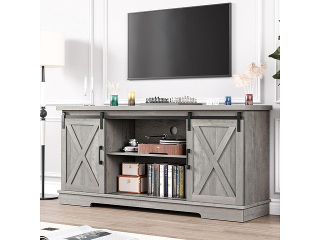 IDEALHOUSE Grey Farmhouse Cabinet, 65 Inch TV Stand with Storage, Barn Doors and Shelves, Modern TV Console Table Furniture for Living Bedroom