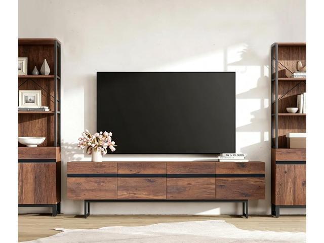 WAMPAT Modern TV Stand for up to 75 inch TV, Wood Entertainment Center TV Console Table with Storage Cabinets Media Console for Living Room, Brown