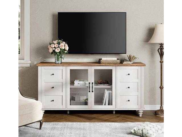 WAMPAT Glass Door TV Stand for 65 Inch TV with Storage Cabinet, Off White
