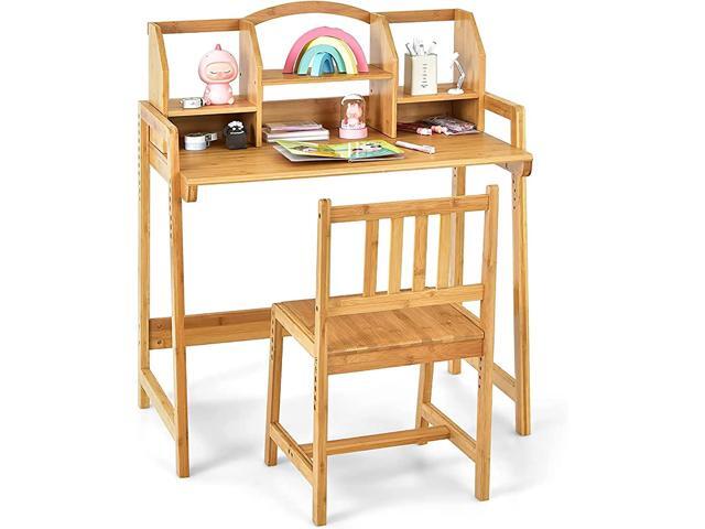 UNICOO Kids Desk and Chair Set, Height Adjustable Bamboo Study Desk with Storage Hutch and Bookshelf, Wooden Writing Table for Toddlers and Kids,...