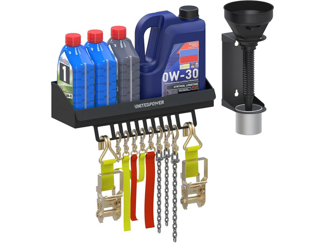 UNITEDPOWER 6 Quart Motor Oil Storage Rack, Bottle Shelf Mount Caddy With Funnel, Enclosed Race Trailer Shop Garage Organizer