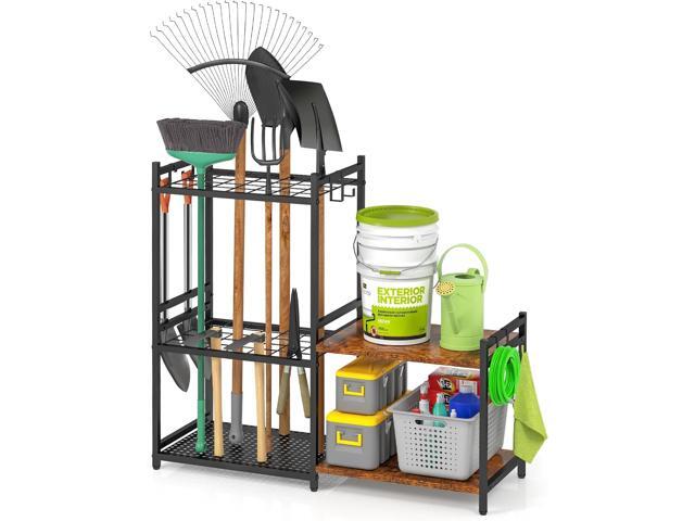 DAOUTIME Garage Tool Organizer with 2-tier Wooden Shelves, Yard Tool Organizer for Garage with 6 Hooks, Heavy duty Steel Garden Tool Rack Holds up...