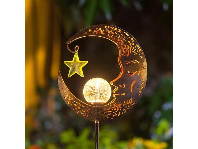 Hapjoy Solar Lights Outdoor Decor Moon Lantern for Patio,Lawn or Pathway Moon Decorations Crackle Glass Globe Stake Metal Lights Waterproof Warm...