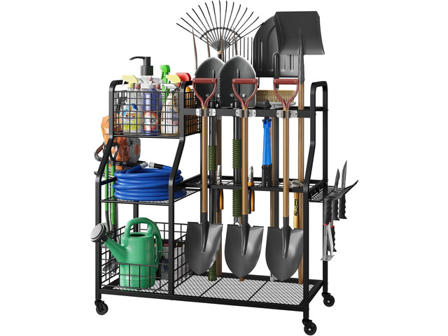 keomaisyto Garden Tool Holder Organizer with Heavy Duty Wheels for Garage