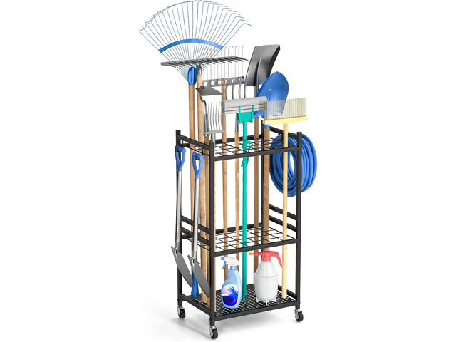 DAOUTIME Garden Organizer With Wheels, Yard Tower Rack for Garage Storage, Up to 35 Long-Handled Tools, Sturdy Metal Steel Holder With 3 Hooks,...