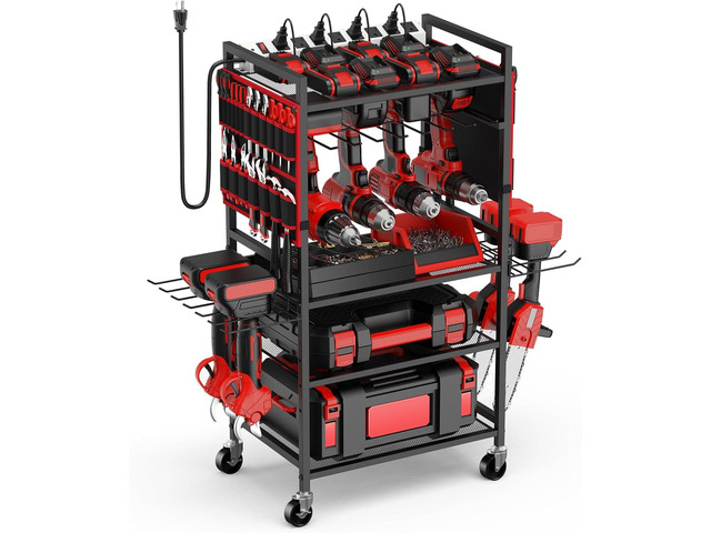 JUNNUJ Garage Large Power Tool Organizer Cart with 20A Charing Station, Heavy Duty Drill and Tools Battery Holder Storage Rack, Floor Standing...