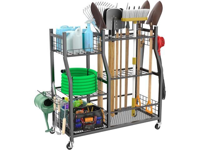 WALMANN Garden Tool Organizer with Wheels, Rakes/Shovels/Yard Tools Stand