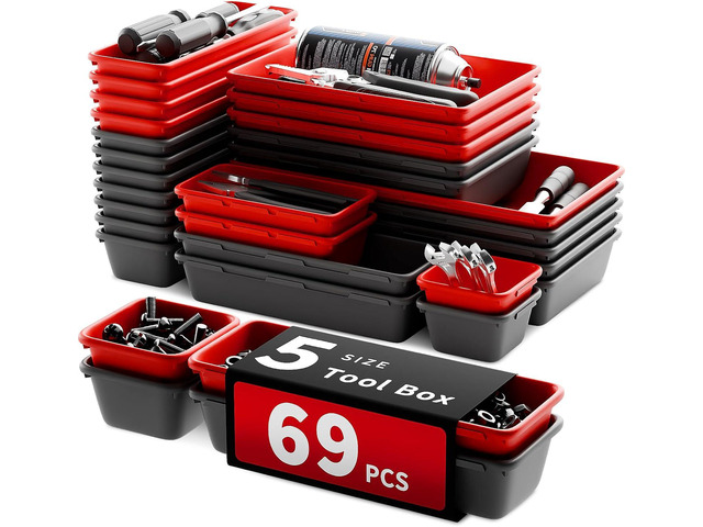 69 PCS & 5 Sizes Tool Box Organizer Trays, Black and Red