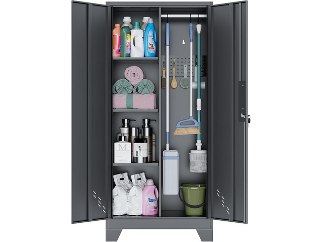 OSEILLC Metal Storage Cabinet with Locking Doors, 61' Tall Garage with Hanging Rod, Broom Closet, Freestanding Bathroom Storage Cabinet, Cleaning...
