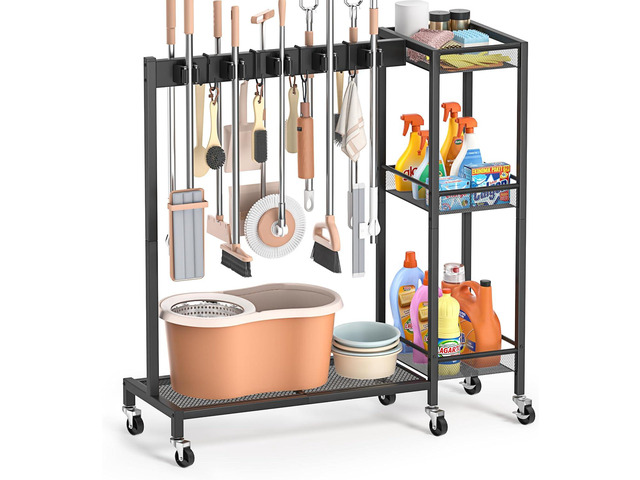 Broom Holder with Cleaning Supplies Organizer, Broom Closet Storage Cabinet with Cleaning Caddy, Cleaning Cart with Mop Hanger Gripper Rack...
