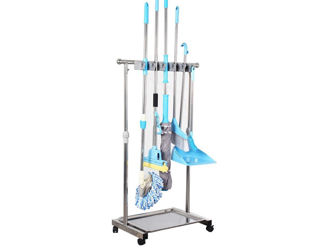 movable mop broom holder put wet mops floor standing cleaning tool rack stainless for schools, hospitals, factories, hotels, restaurant, etc.