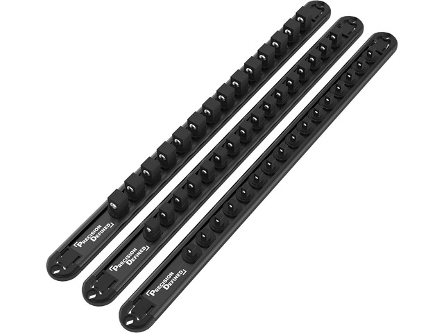 Precision Defined Aluminum Tool Socket Holder 3-Piece Set Black, 1/4-Inch x 16, 3/8-Inch x 16, 1/2-Inch x 14 Clips 360 Rotation - Heavy Duty...