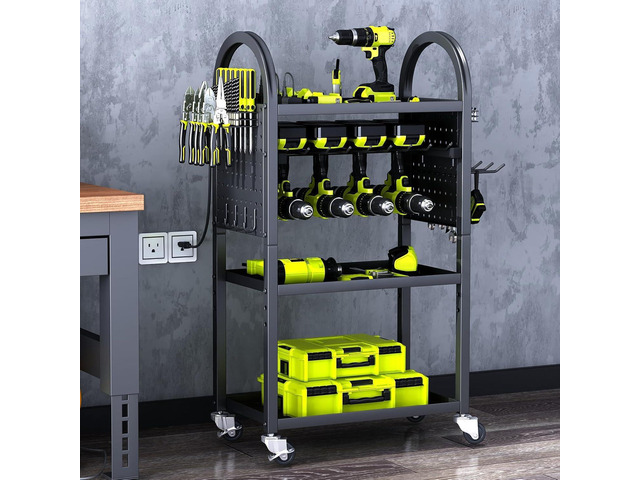 KAFAHOM Power Tool Organizer - 4 Tier Rolling Tool Cart with 8-12 Drill Holder,Tool Storage Cart on Wheels - Heavy Duty Metal Utility Tool Shelf...