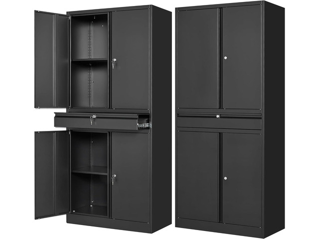 Letaya Metal Garage Storage Cabinet with Drawer,4 Door Tool Cabinet with Lock-2 Adjustable Shelves for Garage Home Office Utility Room (Black)