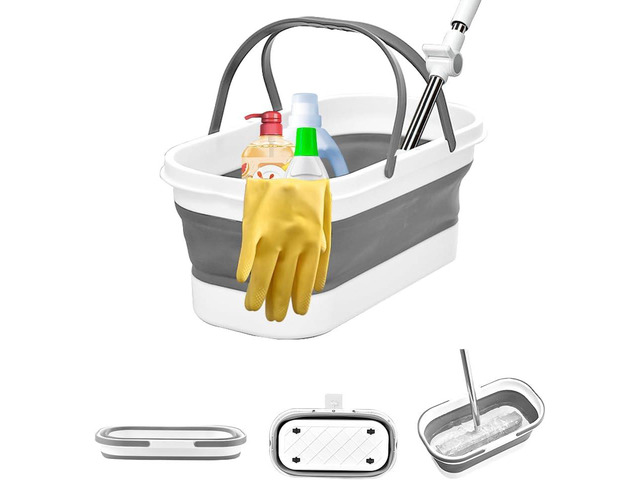 Collapsible Mop Bucket Basin Tub with Handle and Wheels, 12L (3.2 Gallon) Foldable Small Plastic Container for Household Cleaning, Car Washing,...