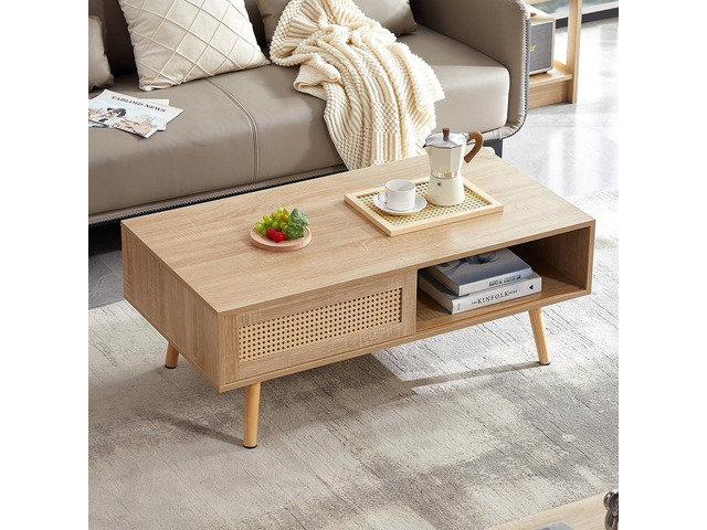 Rattan Coffee Table, 40.3' Mid Century Modern Coffee Table with Storage, Farmhouse Rectangle Wooden Accent Center Sofa Table with Rattan Sliding...