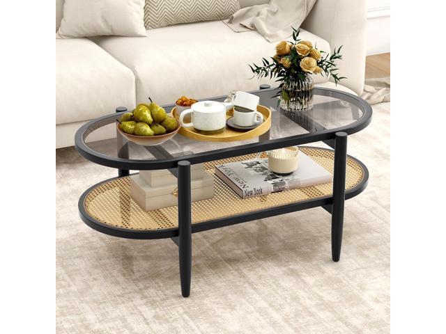 GIANTEX Rattan Coffee Table, 40' Wood Oval Center Table, Black