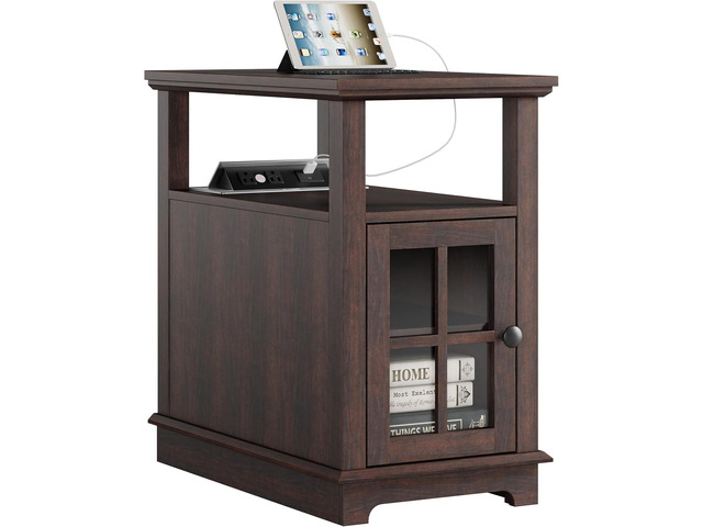 HIFYOBRO Narrow End Table with Charging Station, Flip Top Design, Type-C & USB Ports & Outlets, Adjustable Shelf for Storage in Living Room,...