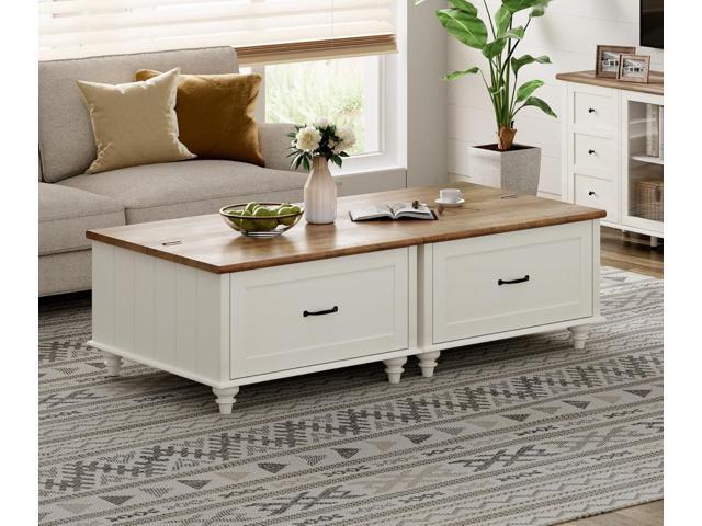 WAMPAT Farmhouse Coffee Table with Storage, Set of 2 Square Coffee Table with Lift Top & Drawers for Living Room, Wooden Center Table for Home &...