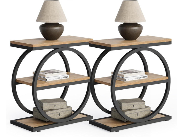 LITTLE TREE 3-Tier End Table, Side Table with Storage Shelves, Small Sofa Side Table for Living Room, Wooden Side End Table with Double Round Metal...